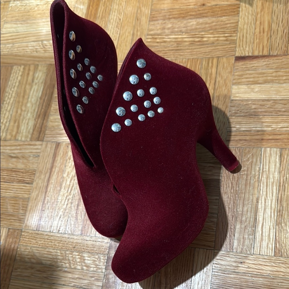 Melissa burgundy Heeled Boots with Sleek Silhouette and silver studs,velvet like
